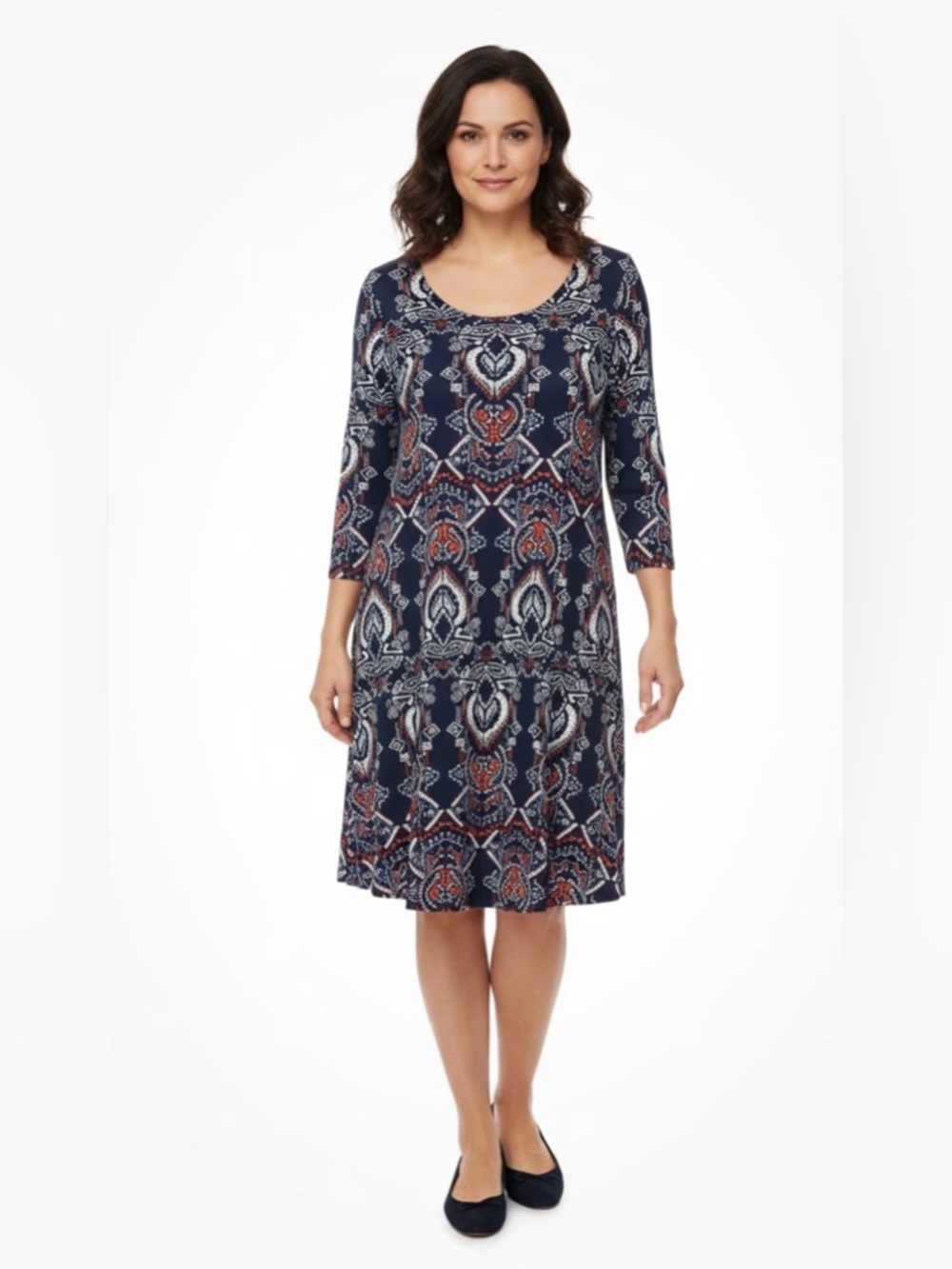 Karen Kane blue orange tribal print fit & flare long sleeve dress size Large